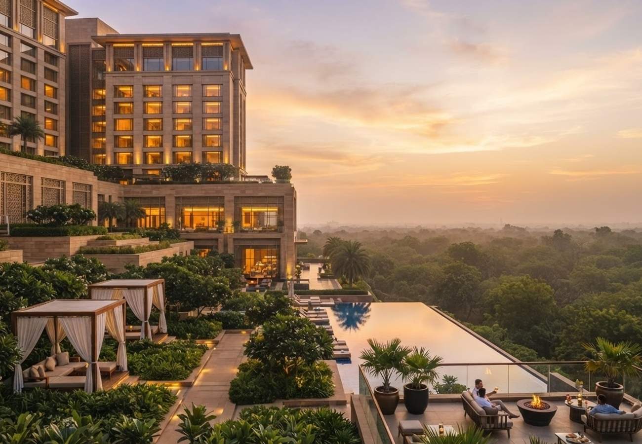 Luxury hotel suite overlooking a lush green forest in Gurugram India