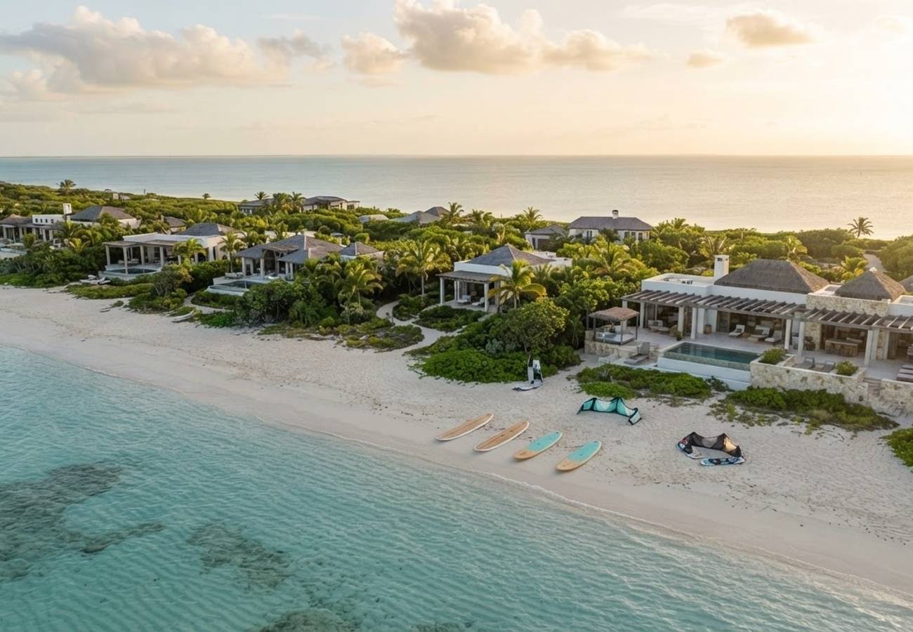 Aerial view of luxury beachfront villas at The Shore Club Turks and Caicos