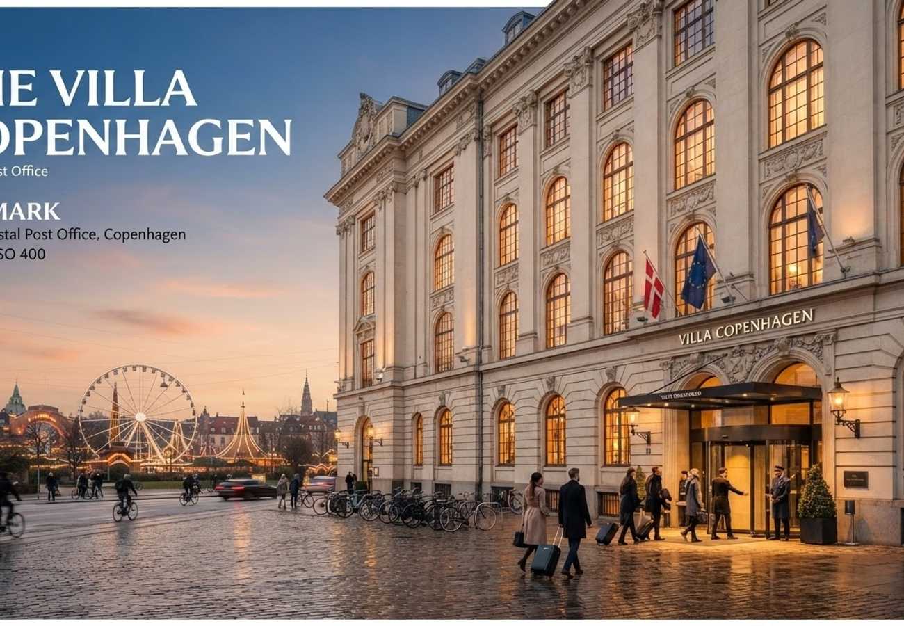 Exterior of Villa Copenhagen hotel showing the blend of historic post office architecture and modern Danish design