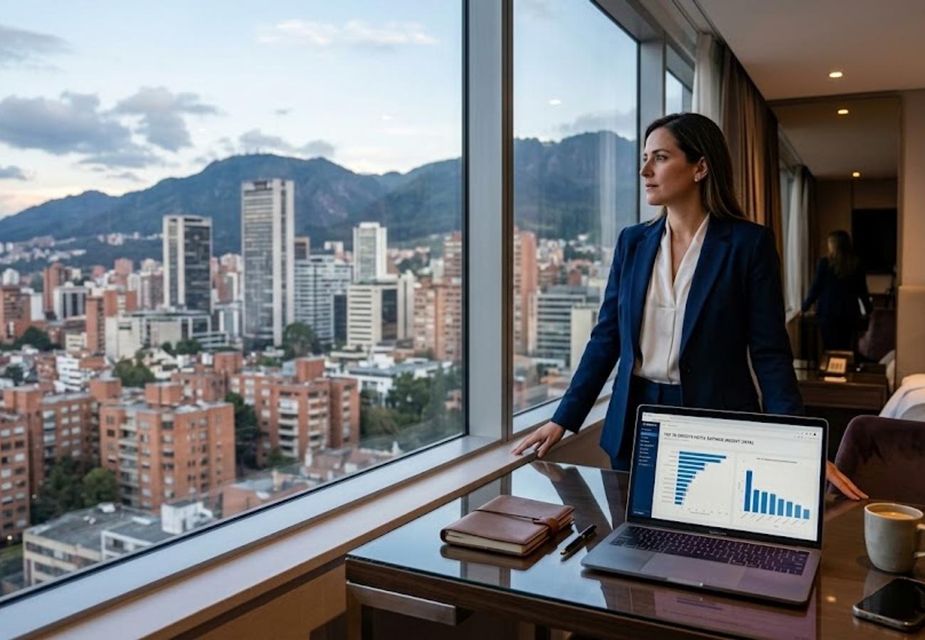 Luxury modern executive hotel room in Bogotá with floor-to-ceiling windows overlooking the Andean mountain ridge and skyline