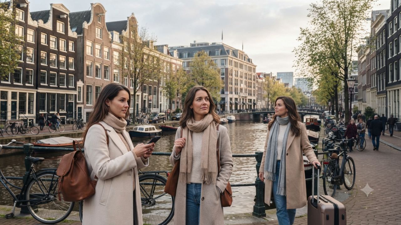 Boutique hotel facades along historic canals in central Amsterdam under evening lights