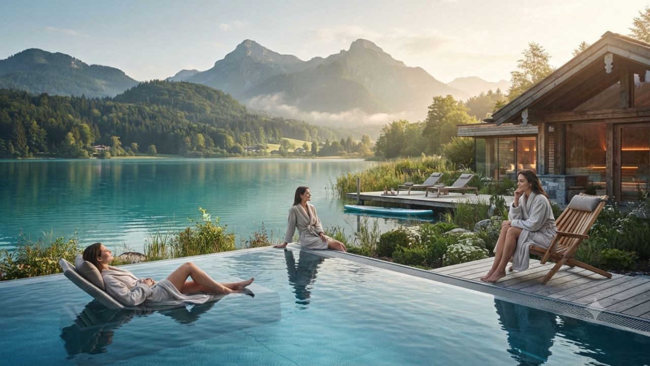 Ebner's Waldhof Resort heated outdoor saltwater pool overlooking pristine Lake Fuschl and Salzkammergut Alps
