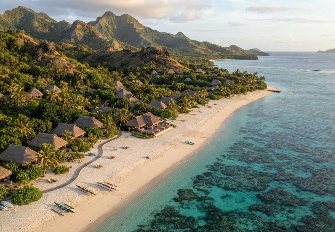 Aerial view of Barefoot Kuata Island Resort in the Yasawa Islands Fiji