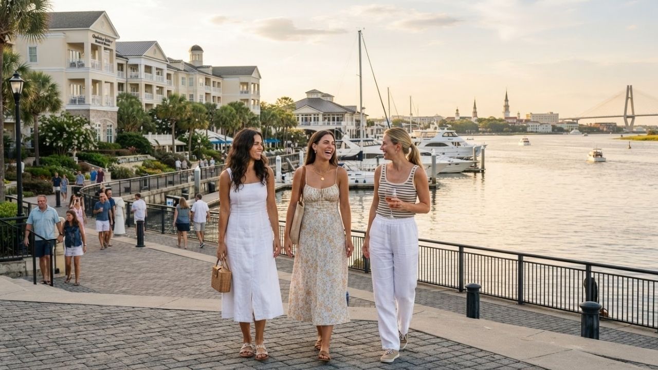 Luxury yachts moored in a coastal marina beside a grand waterfront resort building during a golden sunset.