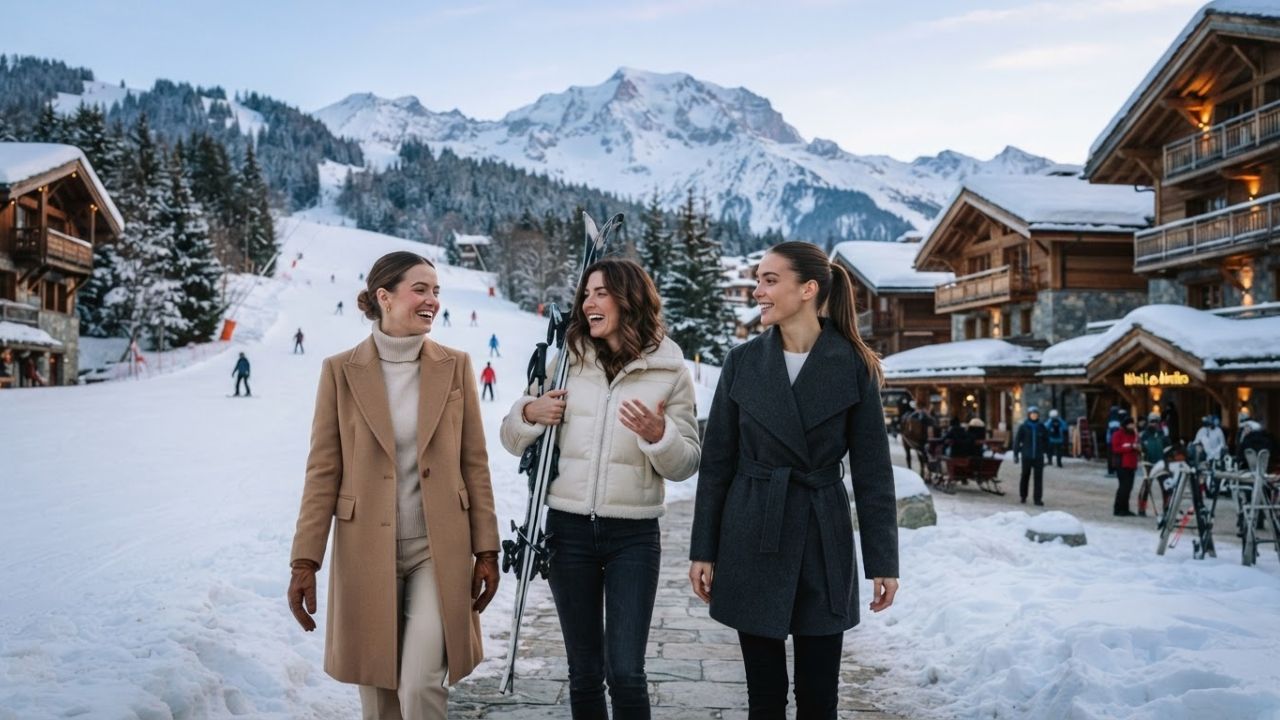 Snow-covered luxury ski resort in Courchevel 1850 French Alps with ski-in ski-out access