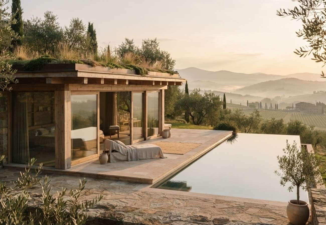 Modern minimalist luxury resort integrated into European natural landscape