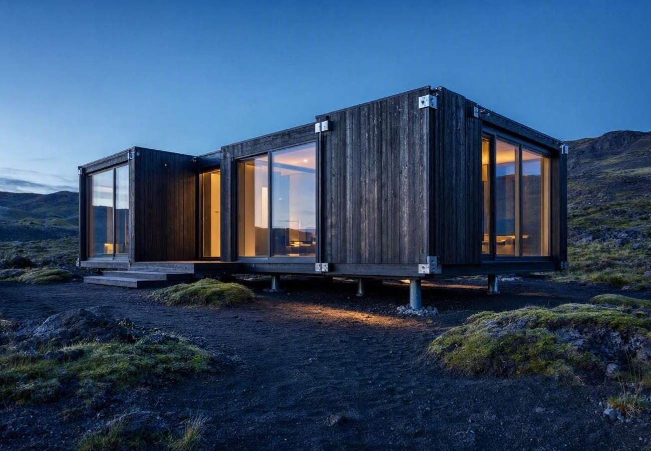 Modern modular eco-cabin situated in a remote Icelandic volcanic landscape