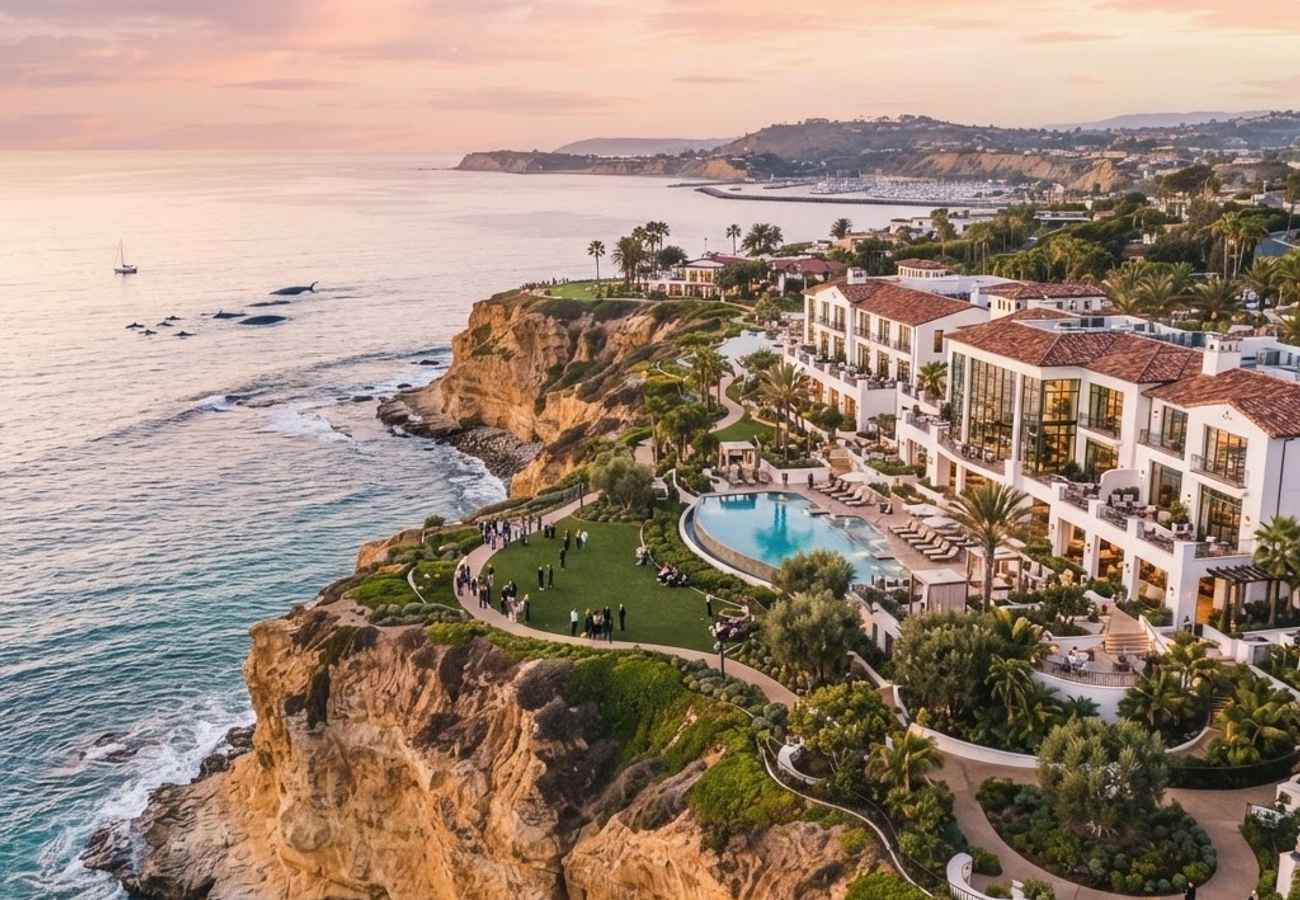 Aerial view of a luxury coastal resort overlooking Dana Point Harbor in California