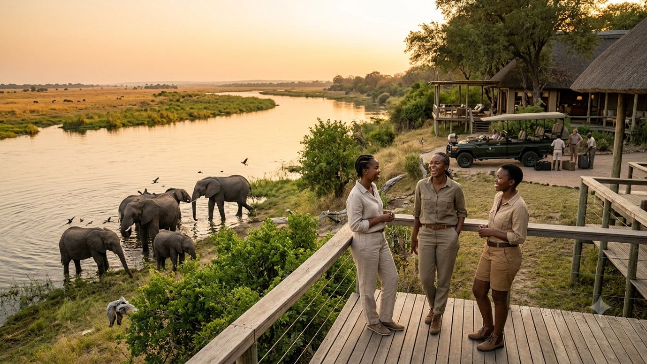 Luxury safari river lodge overlooking the Zambezi and Chobe river regions in Southern Africa