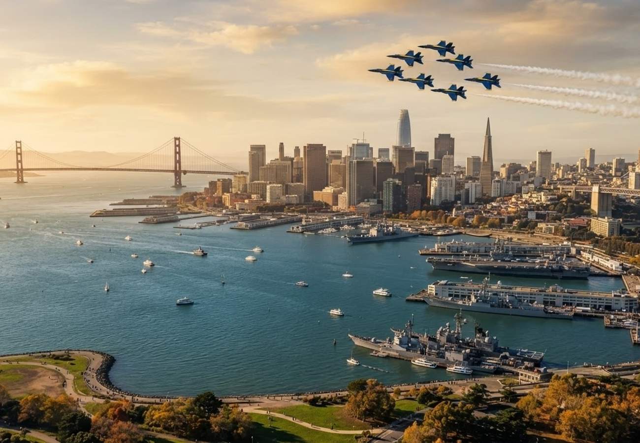 Luxury hotel view of San Francisco skyline during Fleet Week