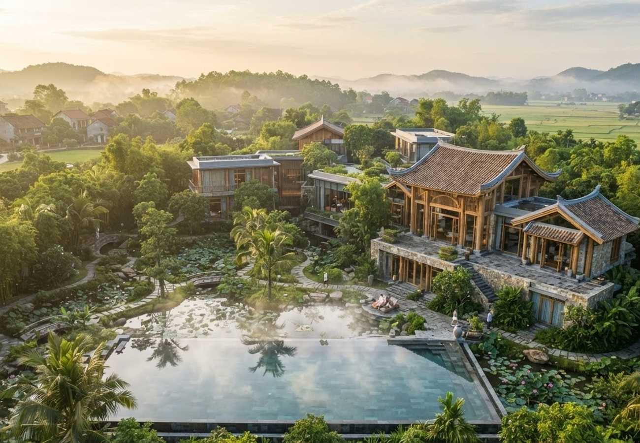 Modern luxury wellness retreat architecture blending nature and technology
