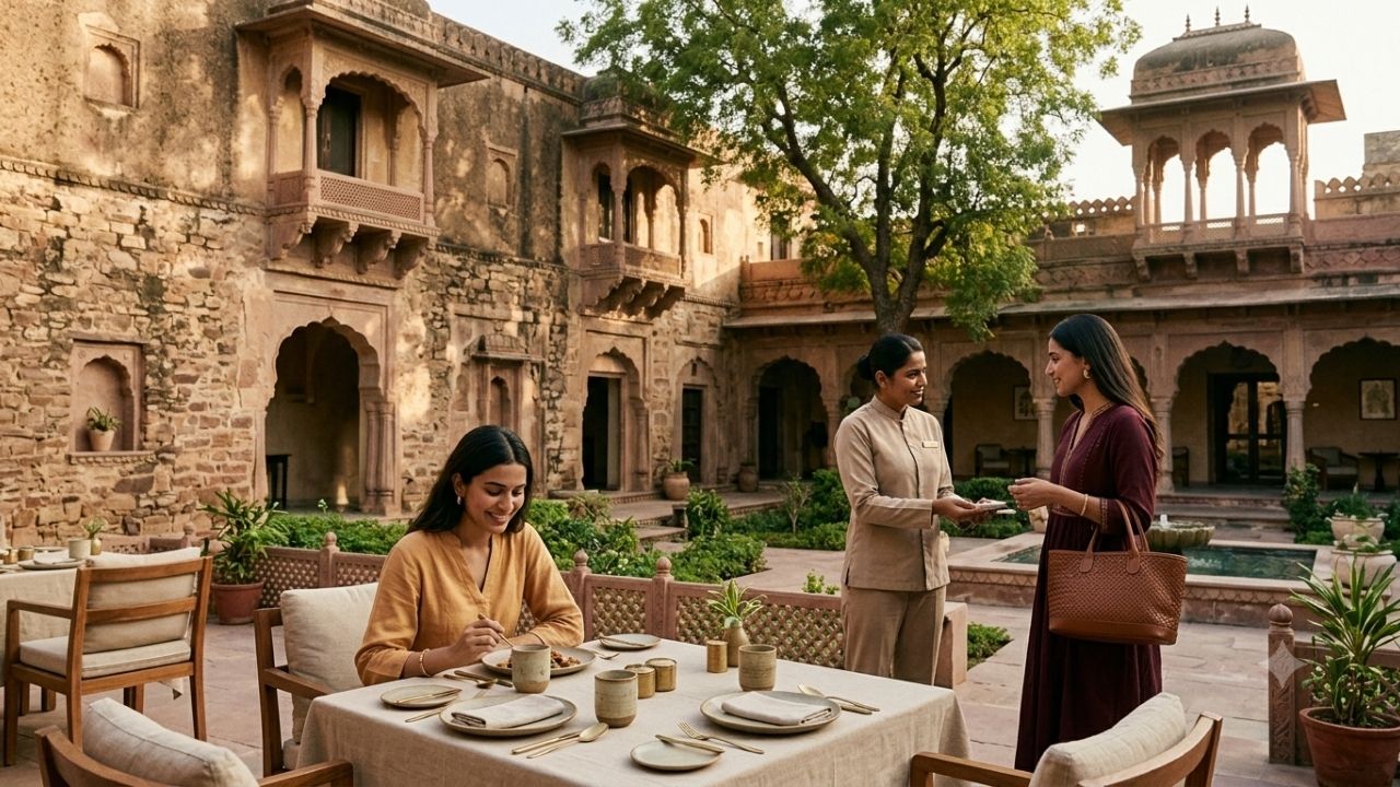 Exterior courtyard and historic stone ramparts of Six Senses Fort Barwara in Rajasthan