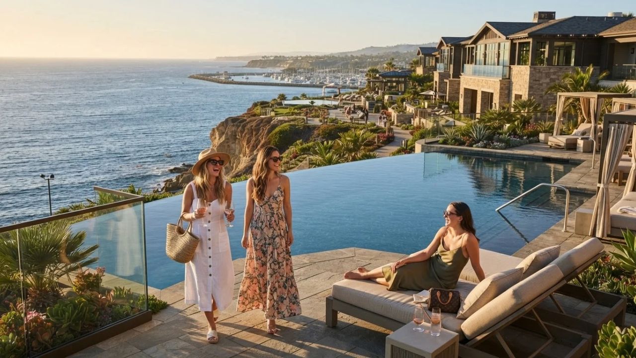 Scenic coastal bluff overlooking Dana Point Harbor with Pacific Ocean waves and luxury coastal resort architecture