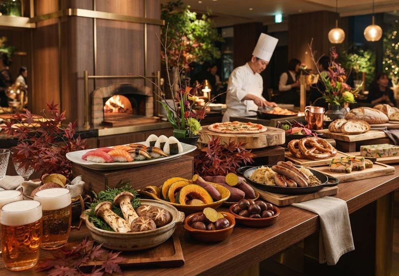 Luxury autumn buffet spread at The Westin Tokyo featuring seasonal Japanese produce and Oktoberfest dishes