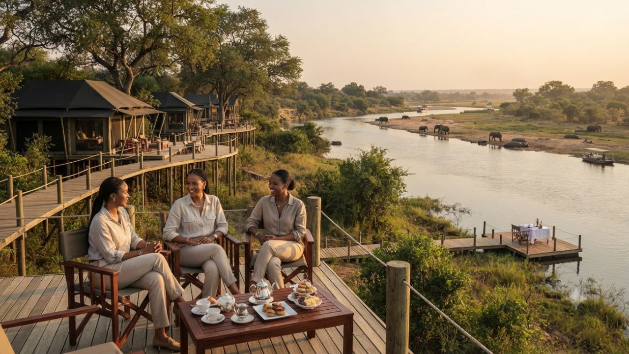 Luxury elevated safari tented suite overlooking the Kafue River in Zambia