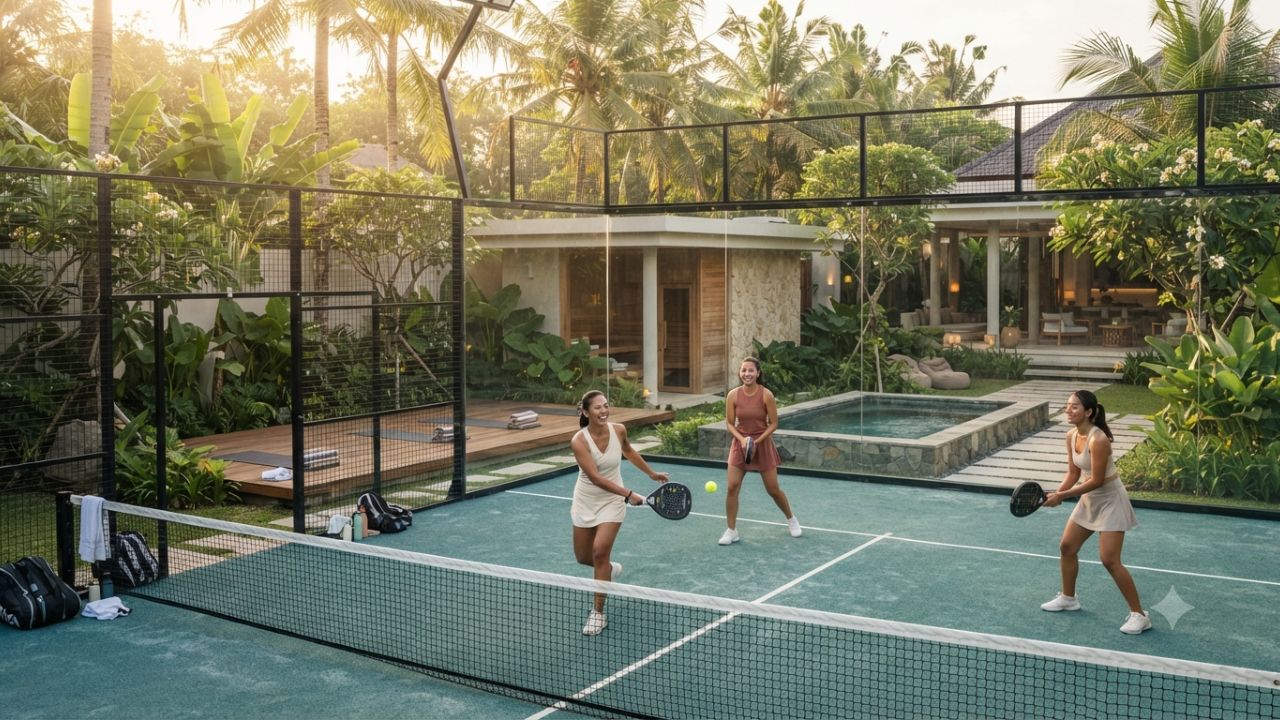 Padel court and luxury private villa pool in Berawa Bali