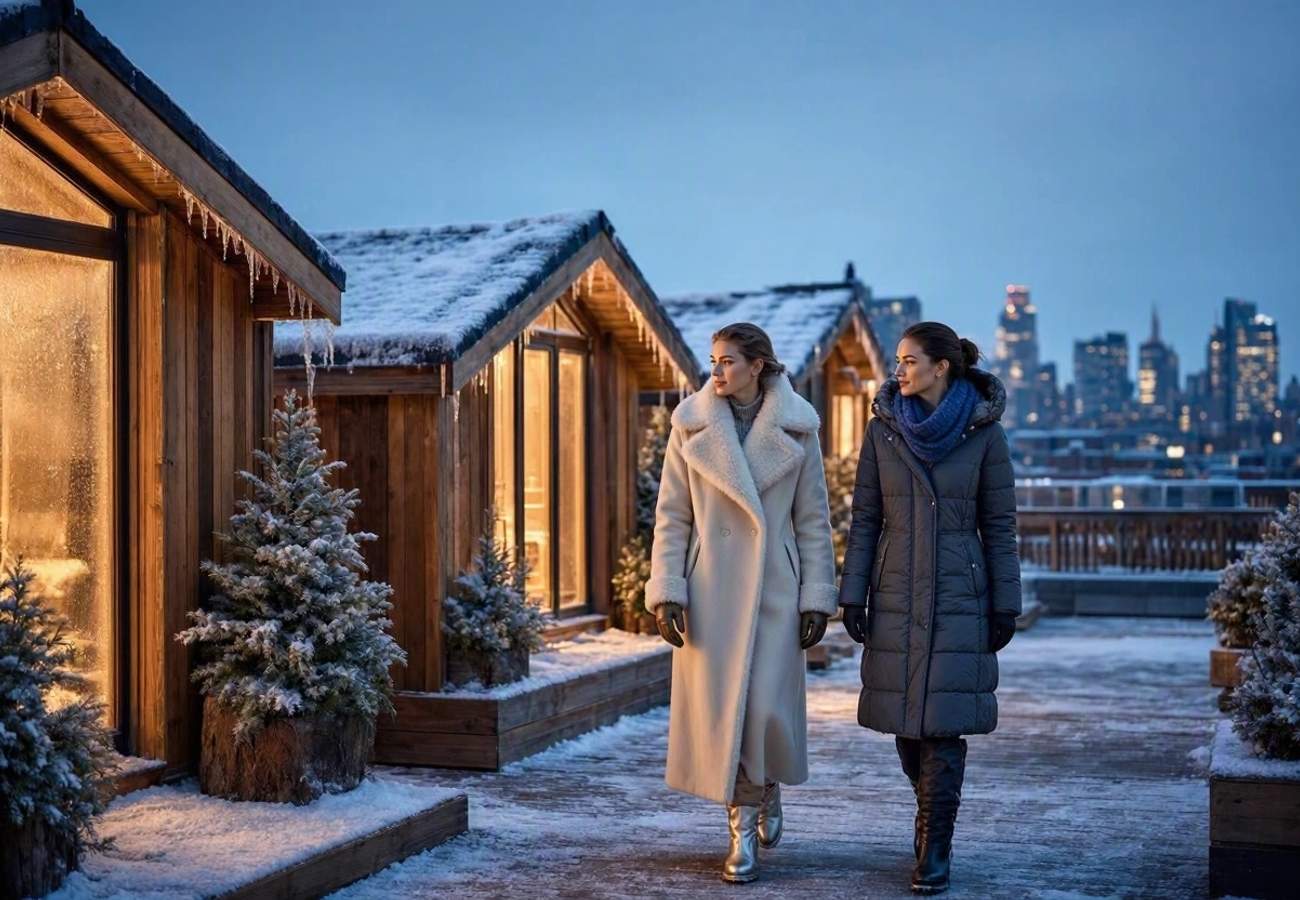 A cozy Scandinavian-inspired winter village on a Minneapolis rooftop terrace