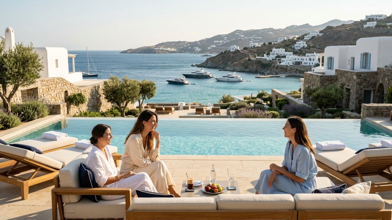 Luxury coastal resort infinity pool overlooking the Aegean Sea in Greece with whitewashed architecture