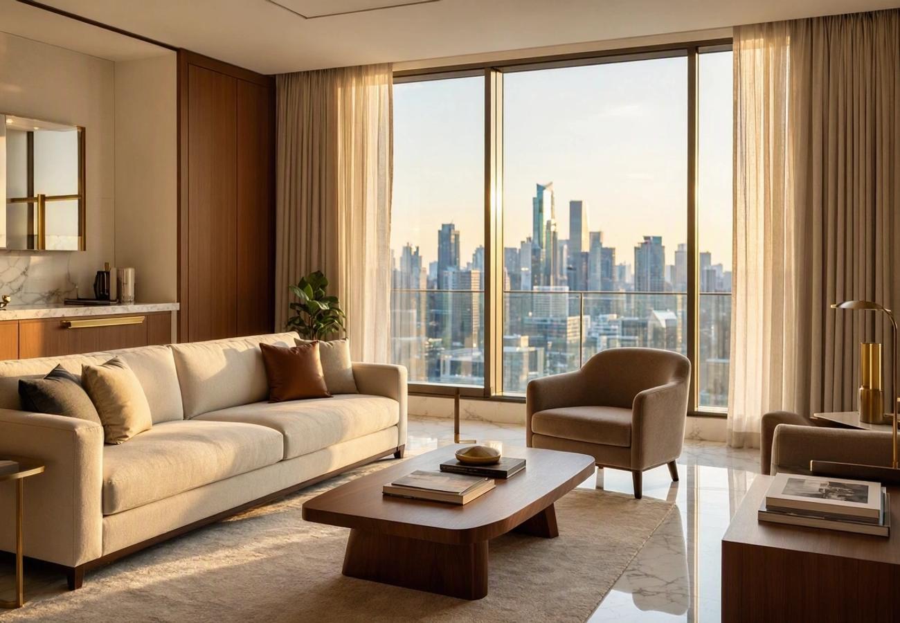 Luxury hotel suite with a view of a city skyline