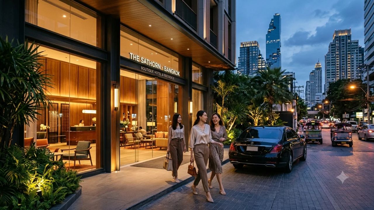 Modern urban lifestyle hotel exterior in Bangkok's Sathorn commercial district with warm lighting and musical design elements