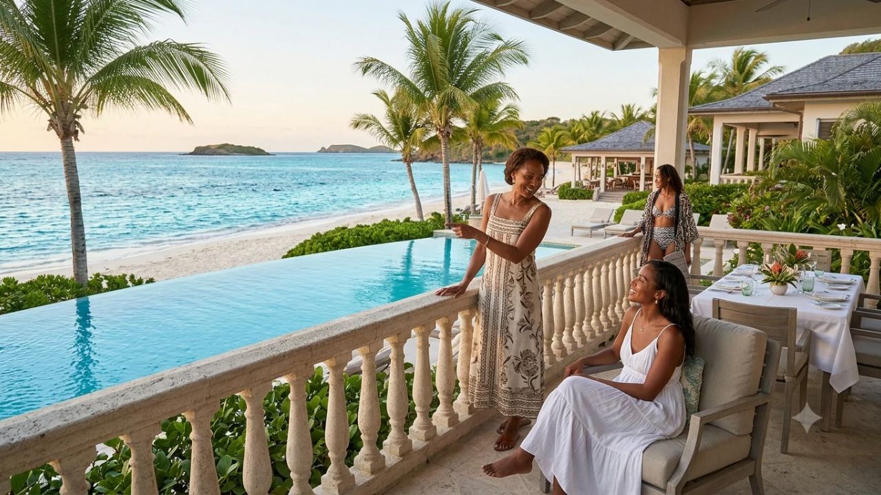 Panoramic view of the luxury suites and hillside villas at Mandarin Oriental Canouan overlooking Godahl Beach in St. Vincent and the Grenadines
