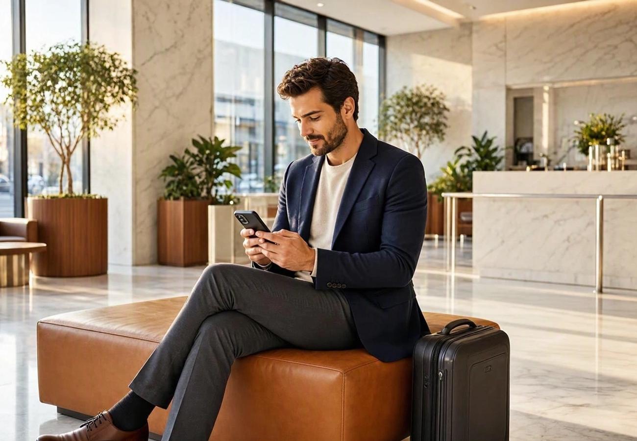 Modern hotel lobby with digital interface showing AI booking assistant
