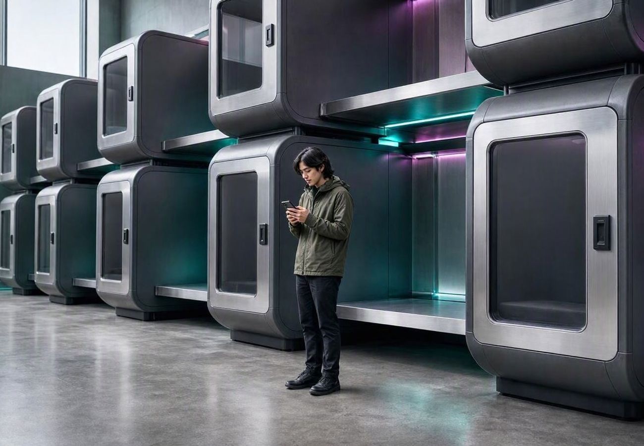 Futuristic pod hotel interior design in London Soho