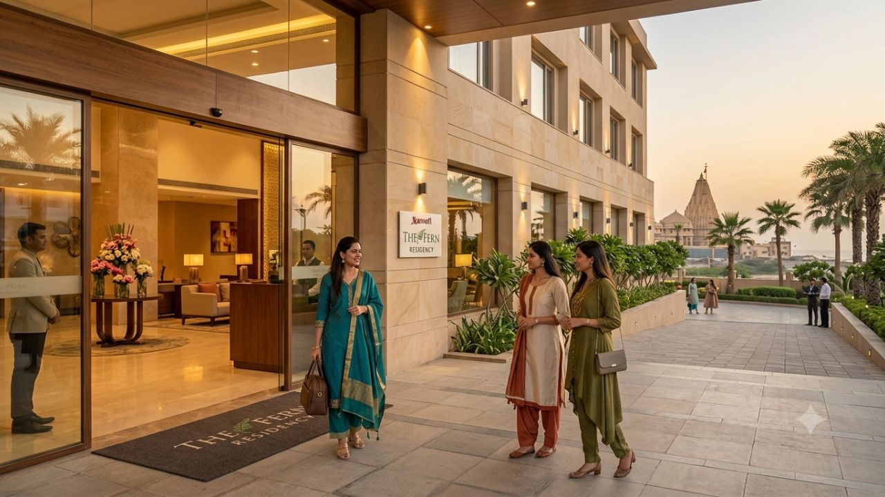 Exterior and modern guest rooms at The Fern Residency Somnath Series by Marriott in Gujarat