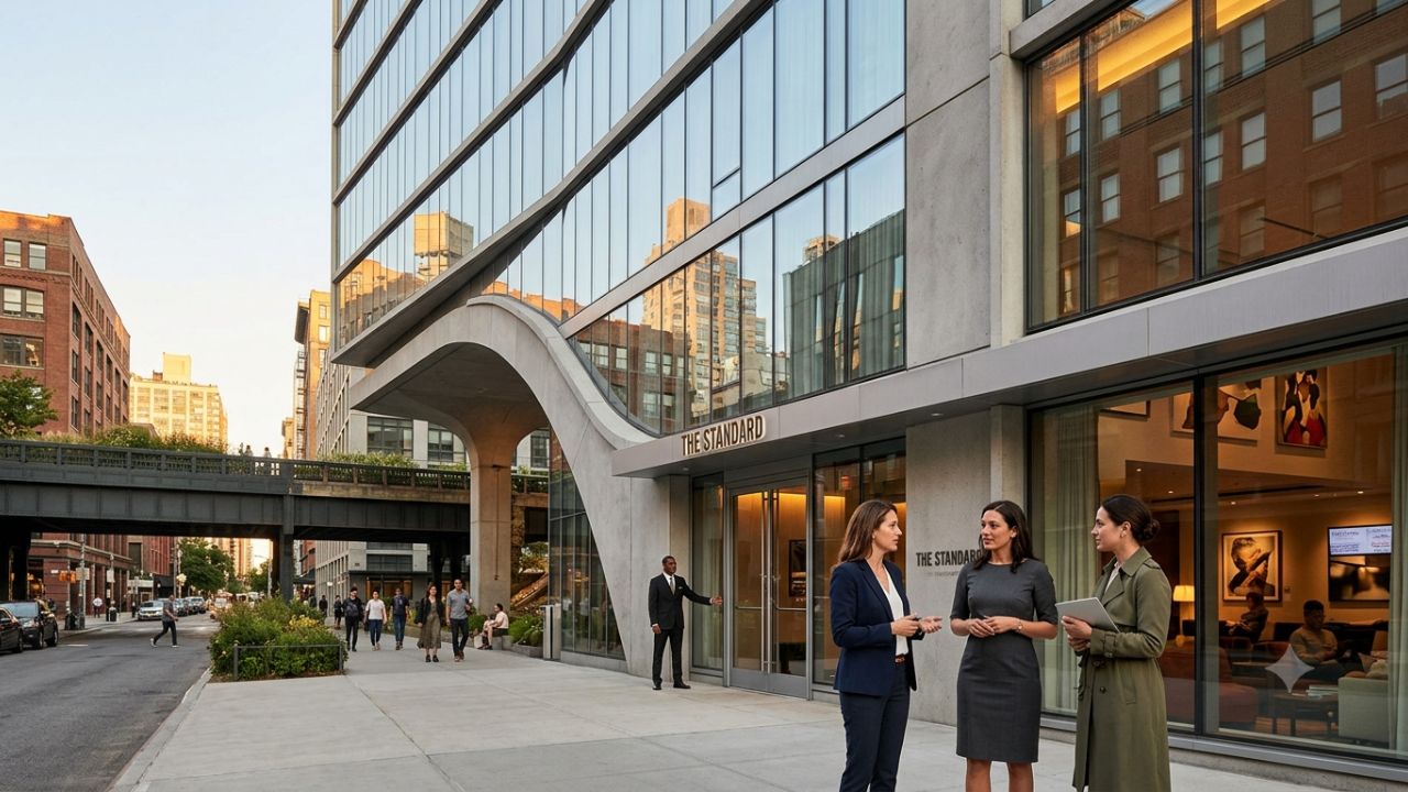 Exterior view of The Standard High Line hotel elevated above the High Line park in Manhattan's Meatpacking District