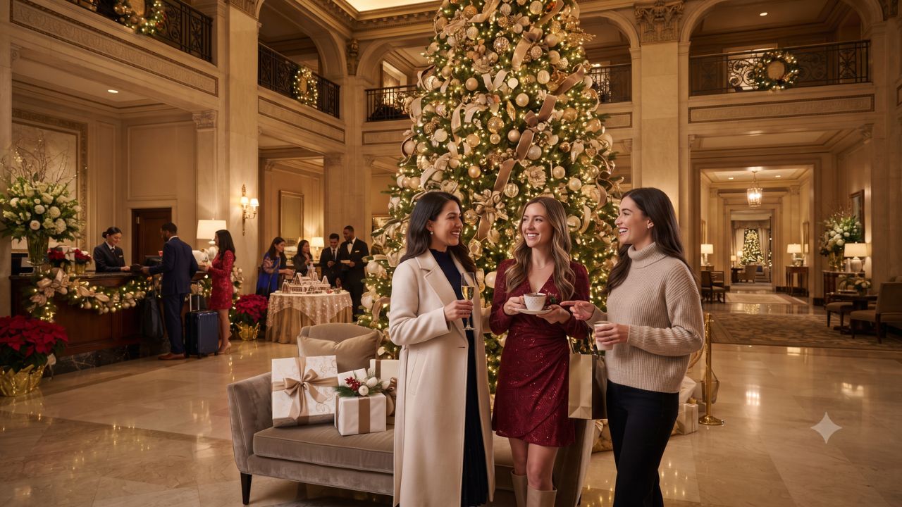 Luxury hotel suite decorated with a lit Christmas tree and holiday amenities overlooking city lights