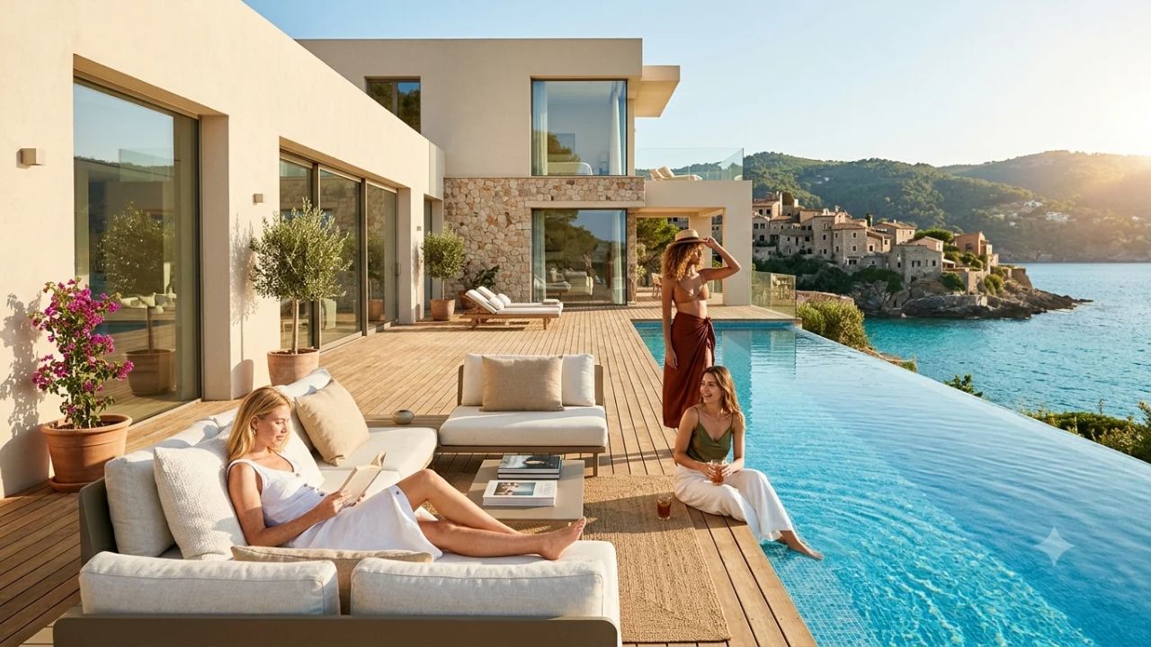 Luxury seaside vacation villa with private swimming pool and open patio overlooking turquoise waters under a clear sky