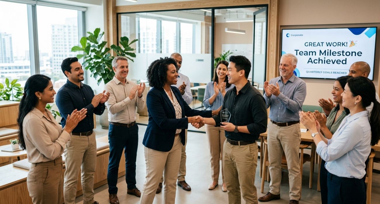 A team of employees celebrating a milestone in a bright modern office, representing employee appreciation and recognition