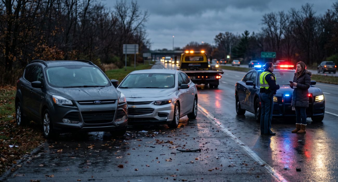 Michigan highway with damaged vehicles after a car accident, showing the importance of knowing your legal rights as a victim