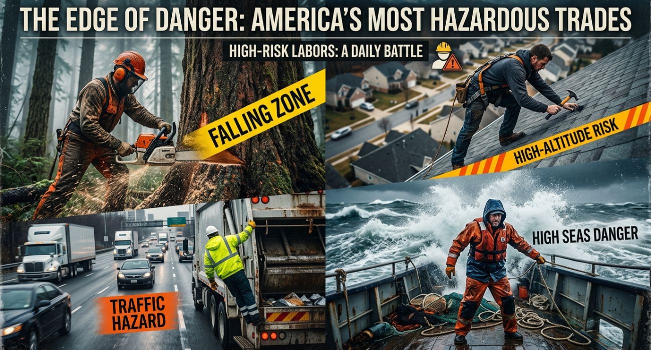 Logger operating chainsaw on steep forest terrain with hazard warning signs, representing the most dangerous jobs in America, 2026