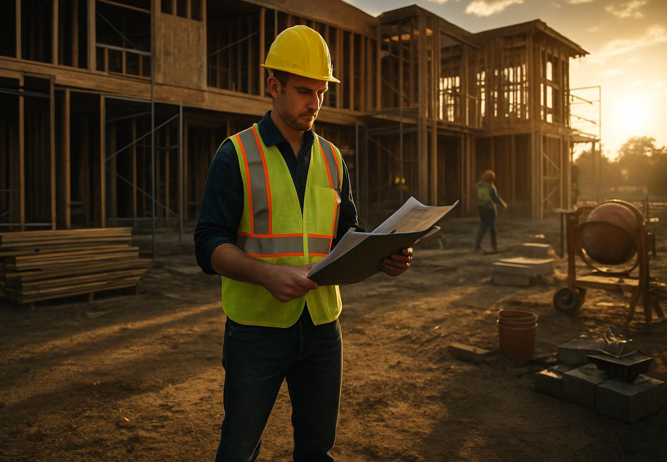 A contractor reviewing insurance documents on a construction site with safety gear, representing contractor insurance