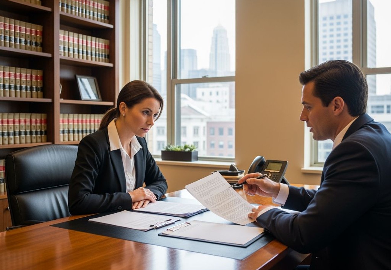 Professional consultation between a client and a family law solicitor in a modern law office