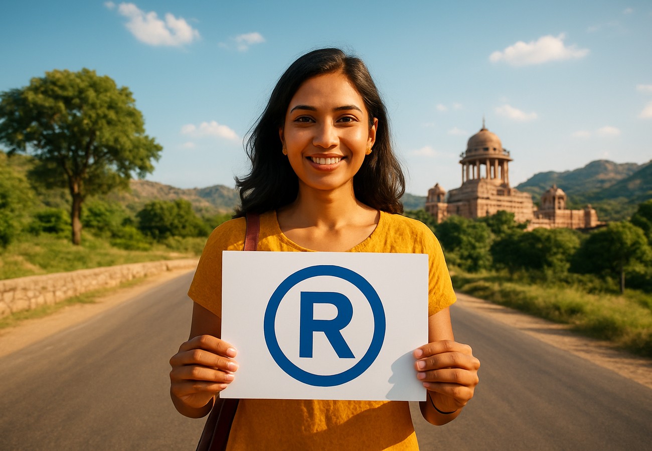 A visual representation of trademark protection, showing legal documents and logos being stamped with a registered trademark symbol