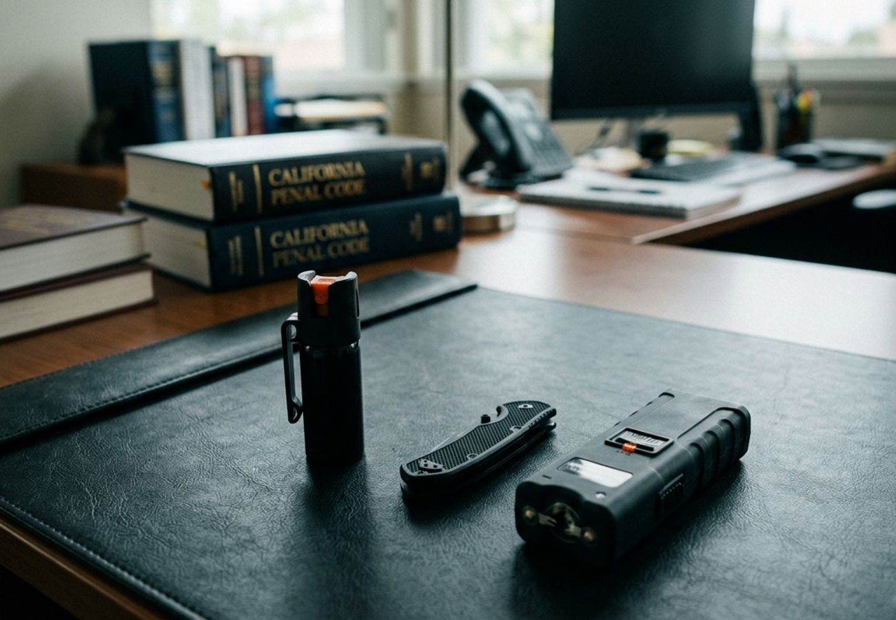 A variety of legal self-defense tools representing carrying weapons in California