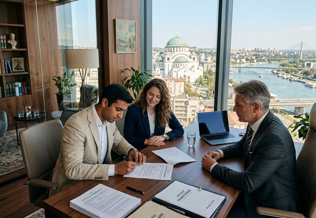A modern business meeting representing company formation in Serbia