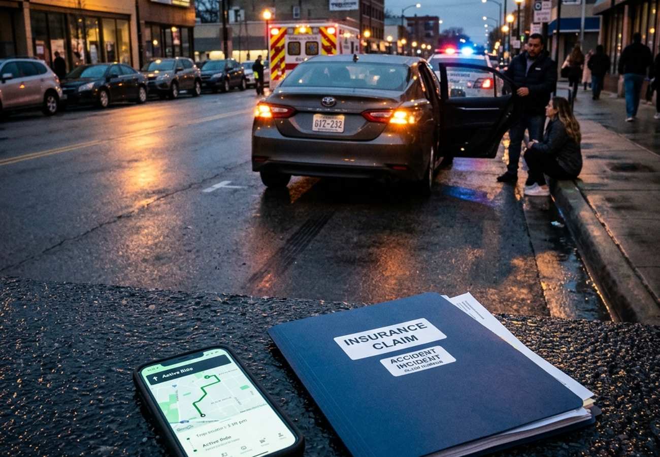 An Uber or Lyft rideshare accident representation with insurance forms