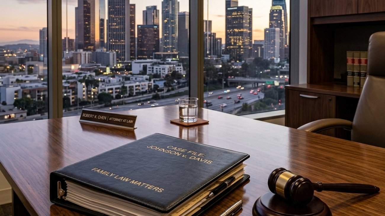 Los Angeles Family Court building with parent holding child's hand near luggage