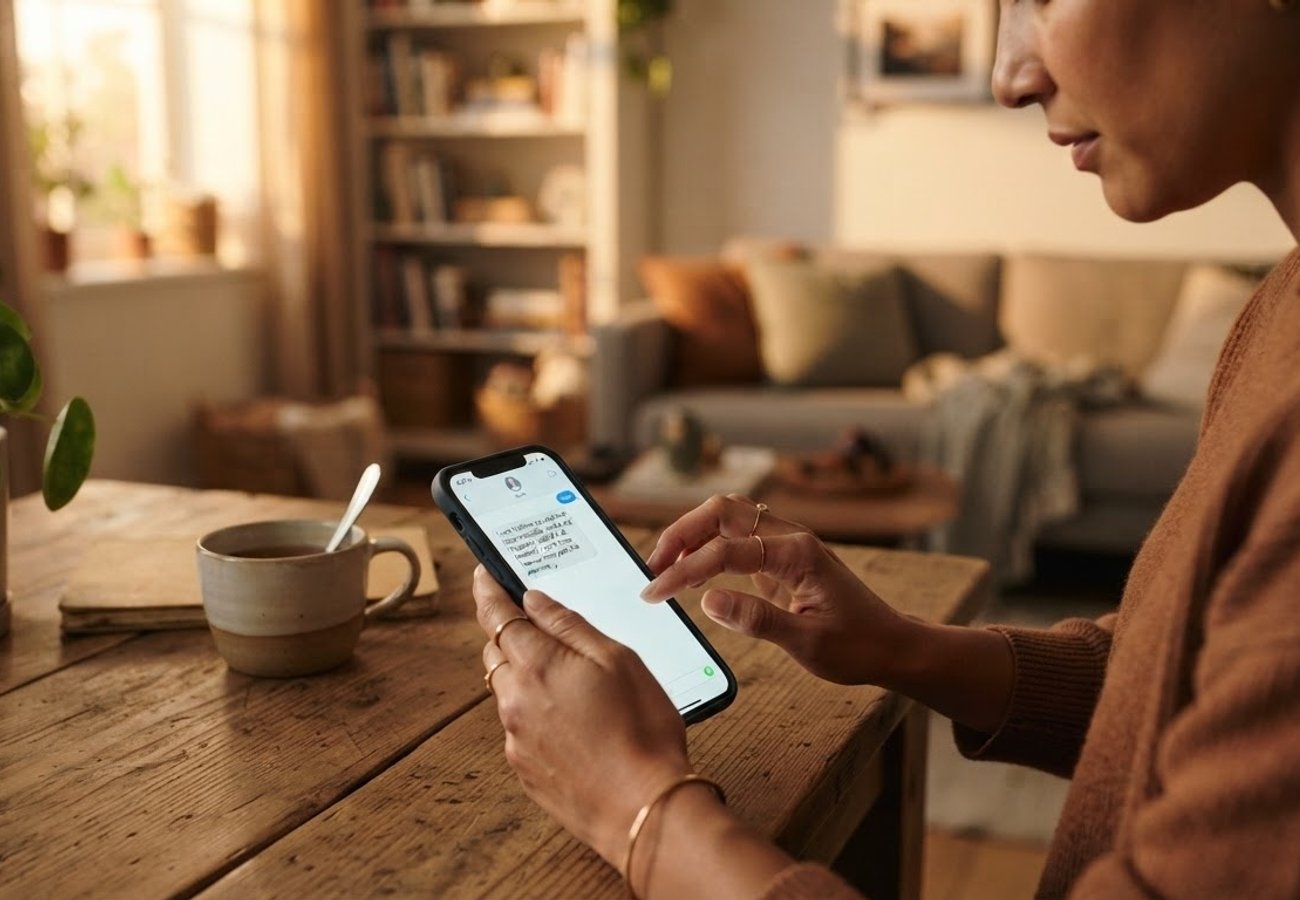 Person drafting a thoughtful text message on a smartphone during a family legal dispute