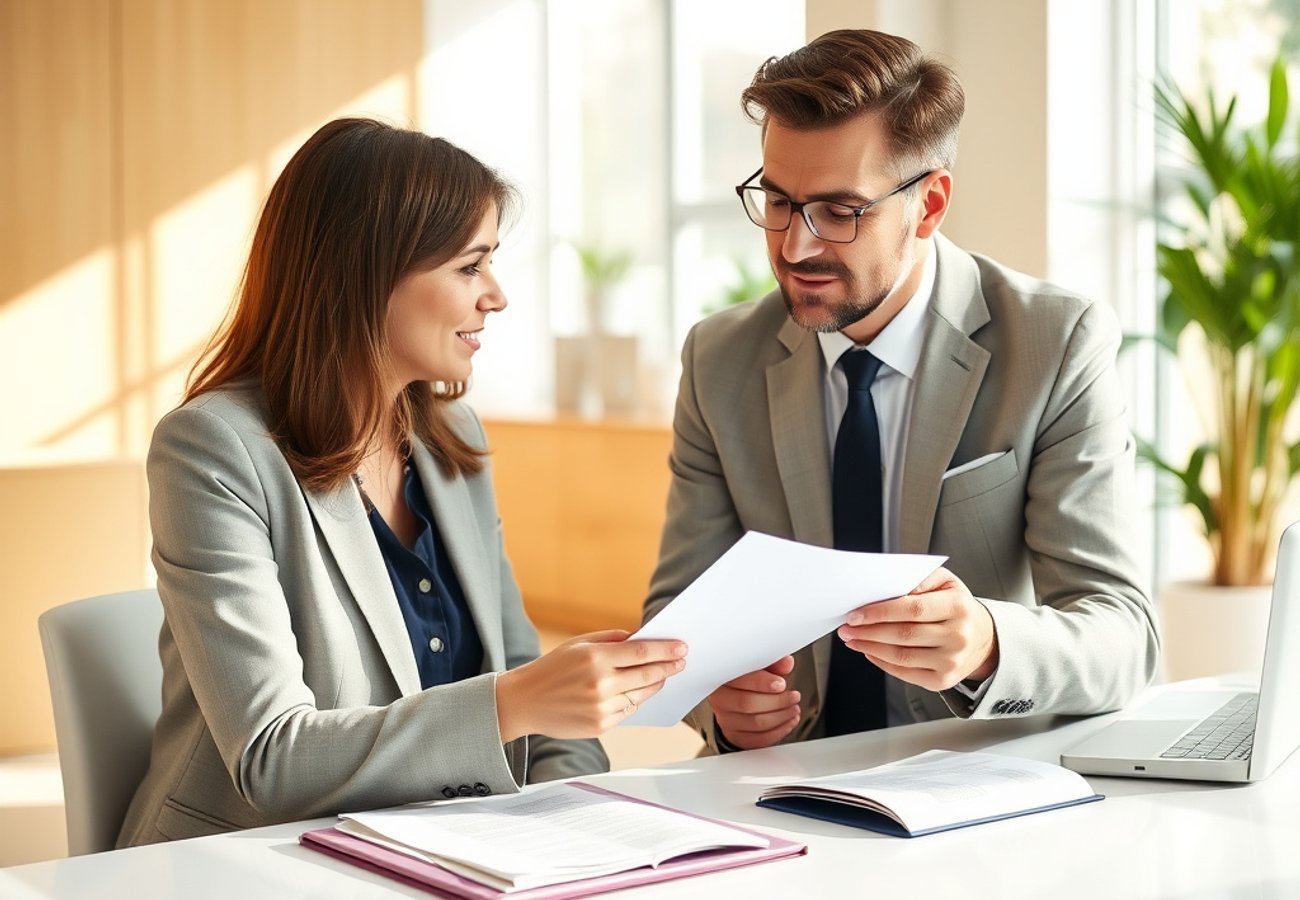 A family lawyer discussing legal documents with a client in a bright, modern consultation room