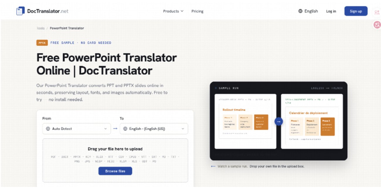 DocTranslator free online file translation interface displaying drag and drop file upload box