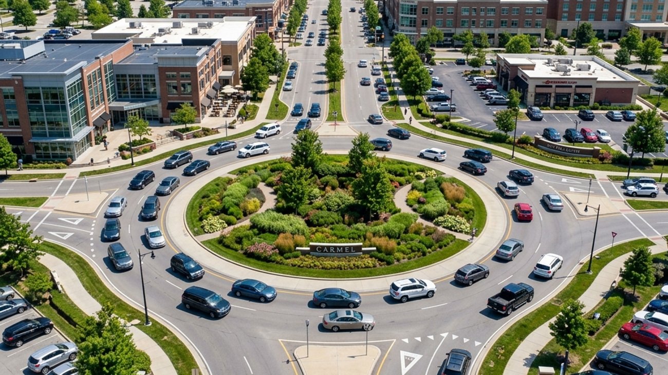 Aerial view of modern multi-lane roundabout in Carmel Indiana with circulating traffic
