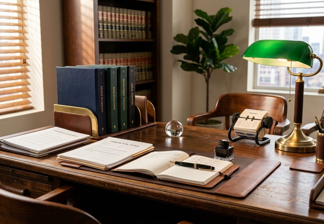 Financial planning documents, calculator, and legal paperwork on a wooden desk