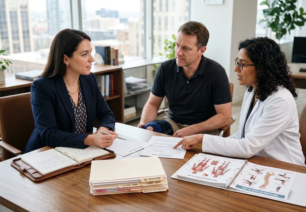 Personal injury legal consultation with attorney, client, and medical documents detailing long-term claim valuation