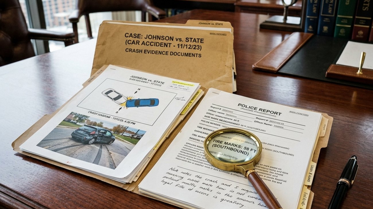 Legal case file folder with crash evidence documents, magnifying glass, and pen on attorney desk