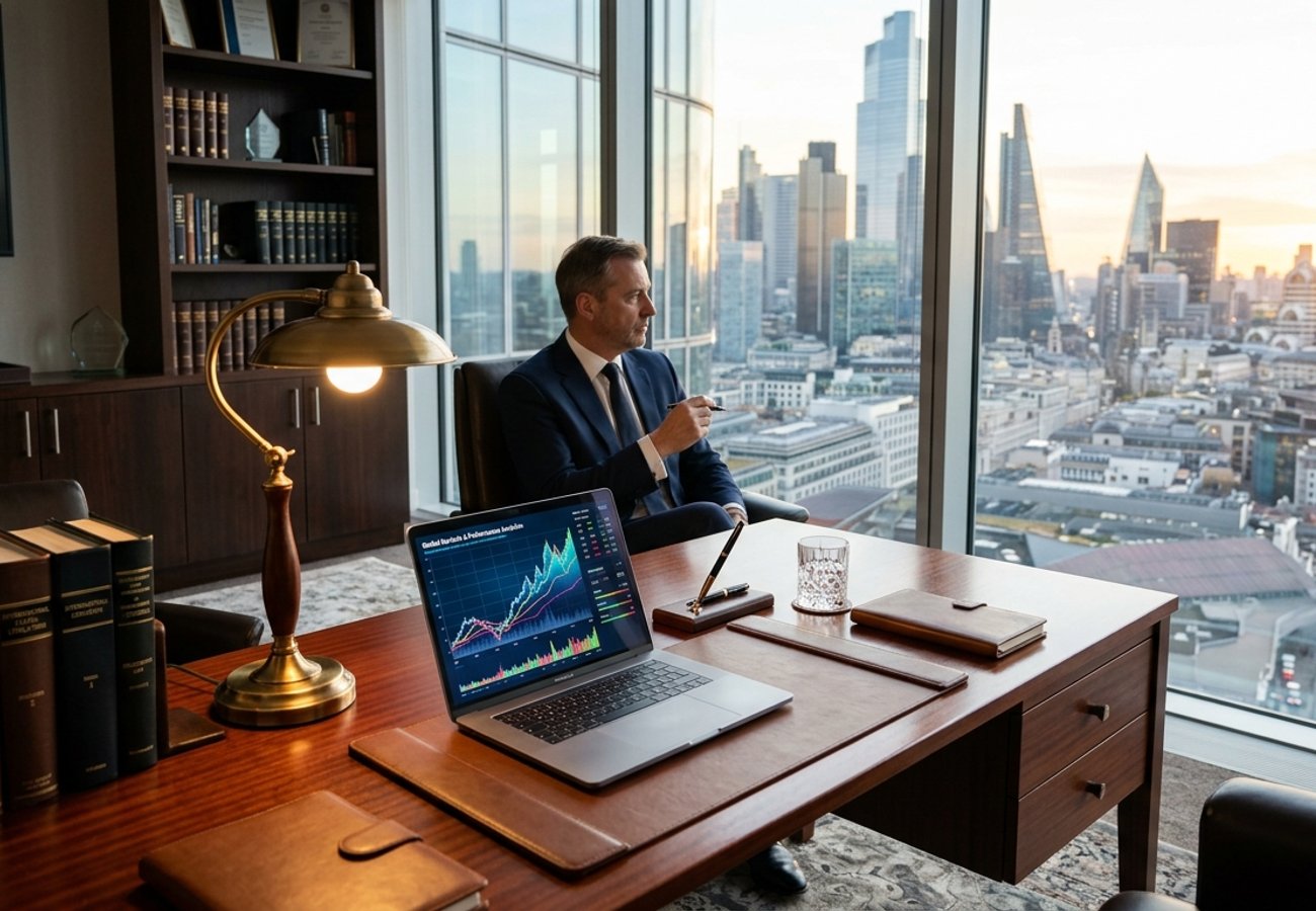Modern law office desk with analytics dashboard on laptop screen and legal books