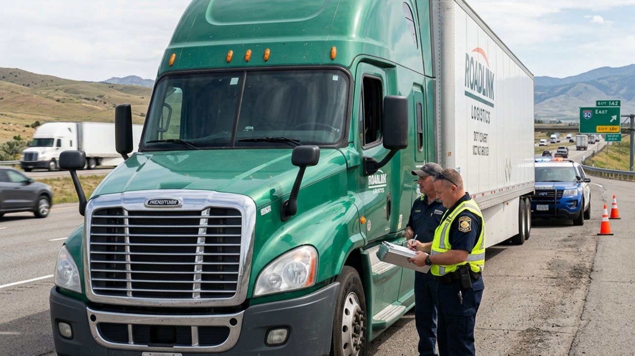 Commercial semi-truck undergoing safety inspection by an investigator holding a clipboard on highway shoulder